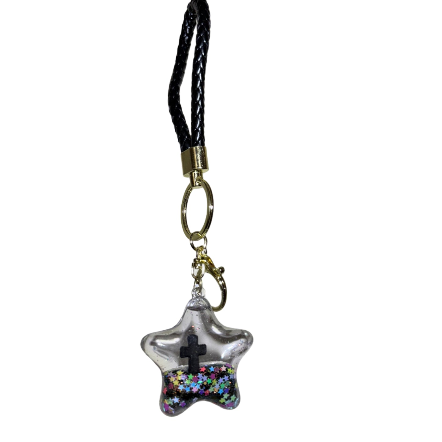 Star-shaped keychain with multicolored design on a white background