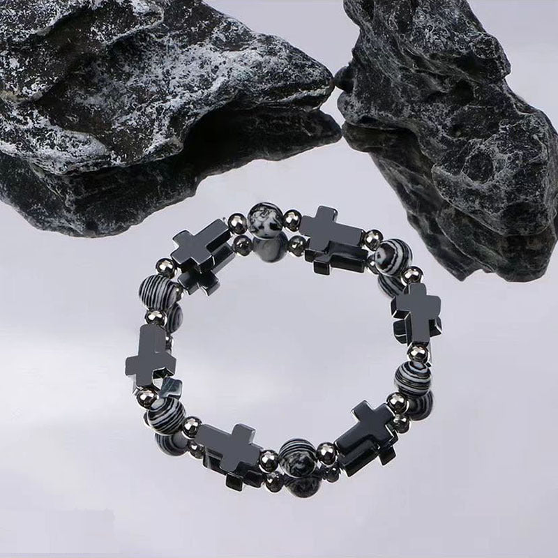 Dark Cross Bead Bracelet – Black Onyx, Unisex Spiritual Jewelry