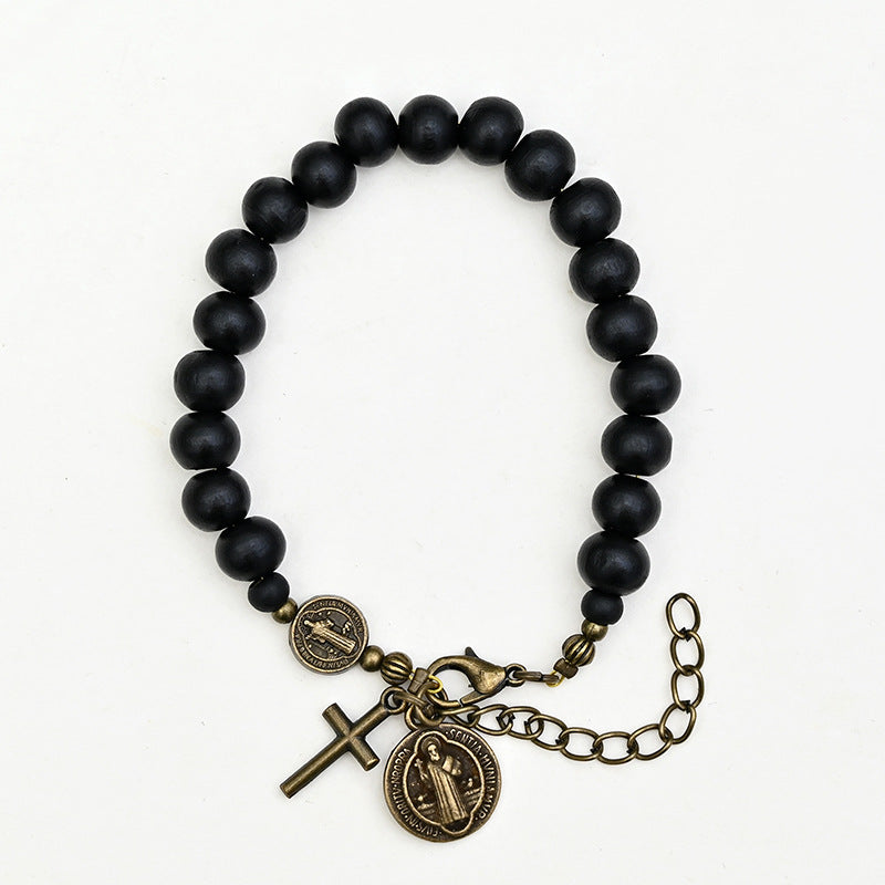 Black Wooden Bead Crucifix Bracelet – 10mm Beads, Vintage Unisex Design
