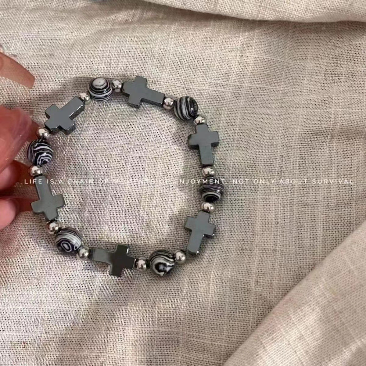 Dark Cross Bead Bracelet – Black Onyx, Unisex Spiritual Jewelry