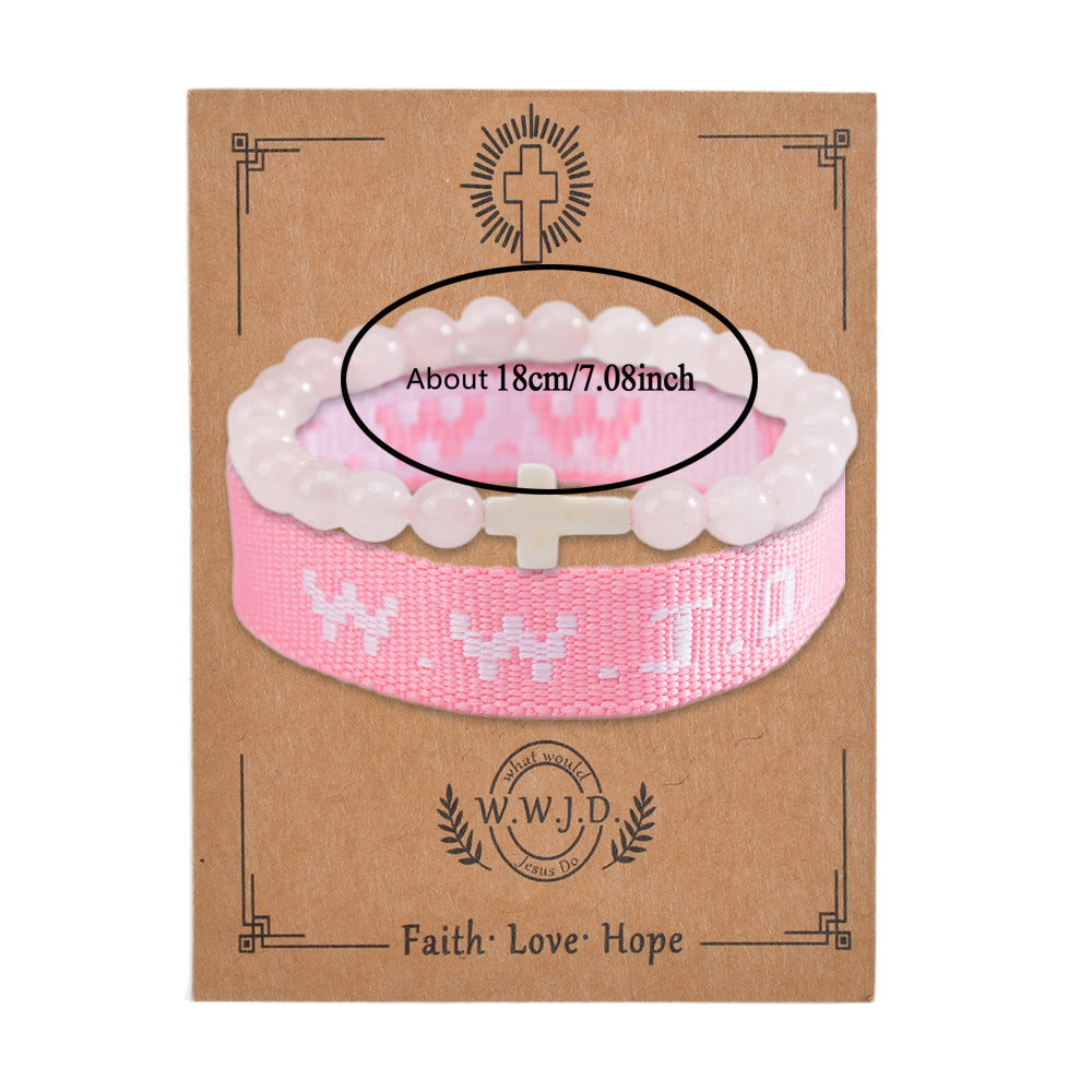 2 Sets Pink WWJD Natural Stone and Woven Cross Bracelet Duo – Unisex
