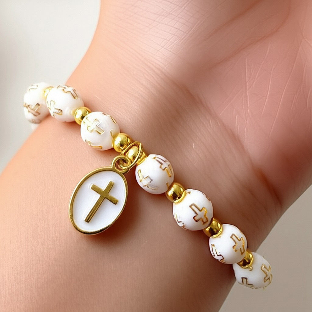 White Oval Cross Beaded Bracelet – Gold-Foiled Acrylic, Angel Charm, Baptism & Party Favor Set