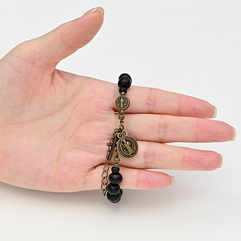 Black Wooden Bead Crucifix Bracelet – 10mm Beads, Vintage Unisex Design