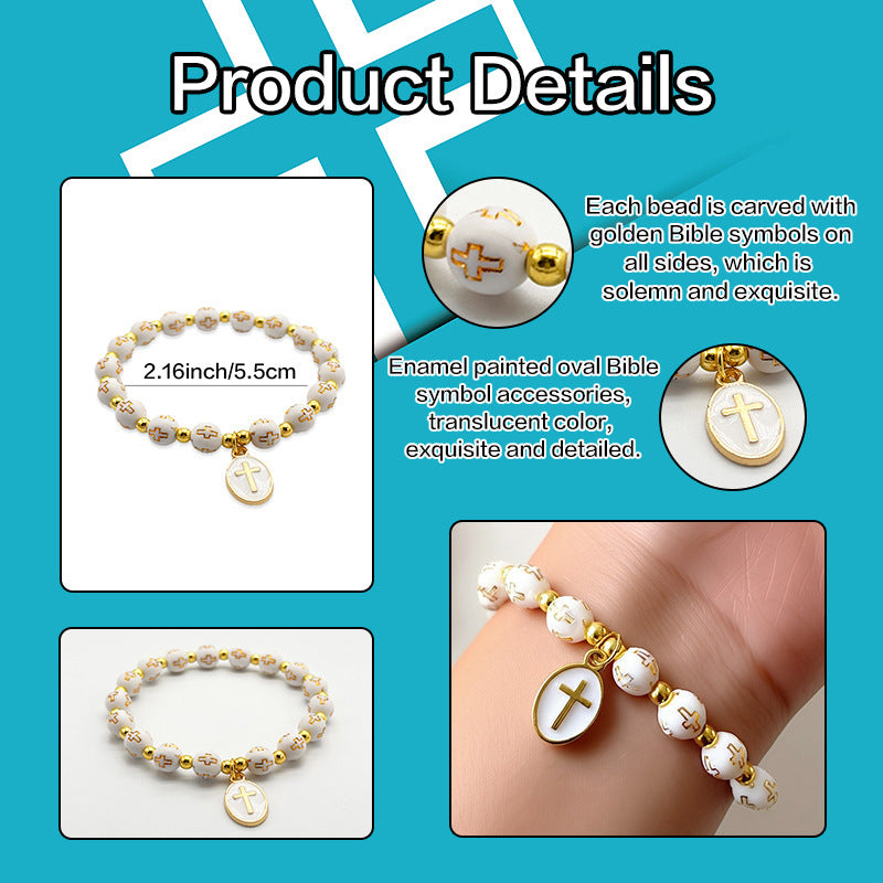 White Oval Cross Beaded Bracelet – Gold-Foiled Acrylic, Angel Charm, Baptism & Party Favor Set