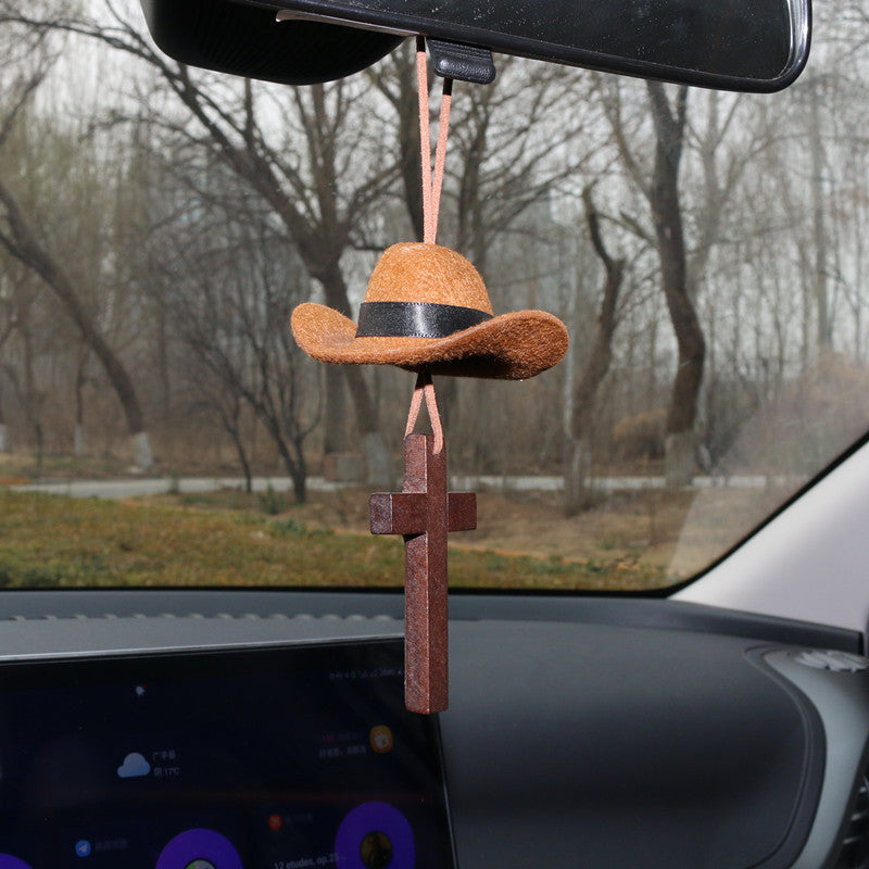 Cowboy Hat & Cross Car Charm – Western Style Hanging Ornament (Brown)