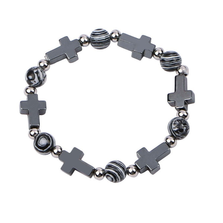 Dark Cross Bead Bracelet – Black Onyx, Unisex Spiritual Jewelry