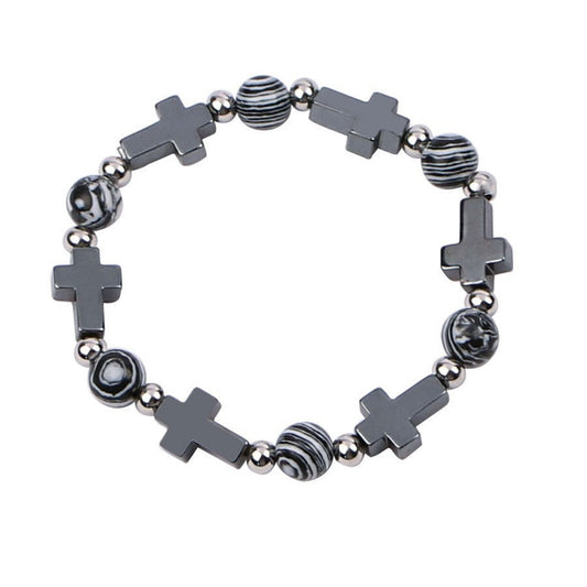 Dark Cross Bead Bracelet – Black Onyx, Unisex Spiritual Jewelry