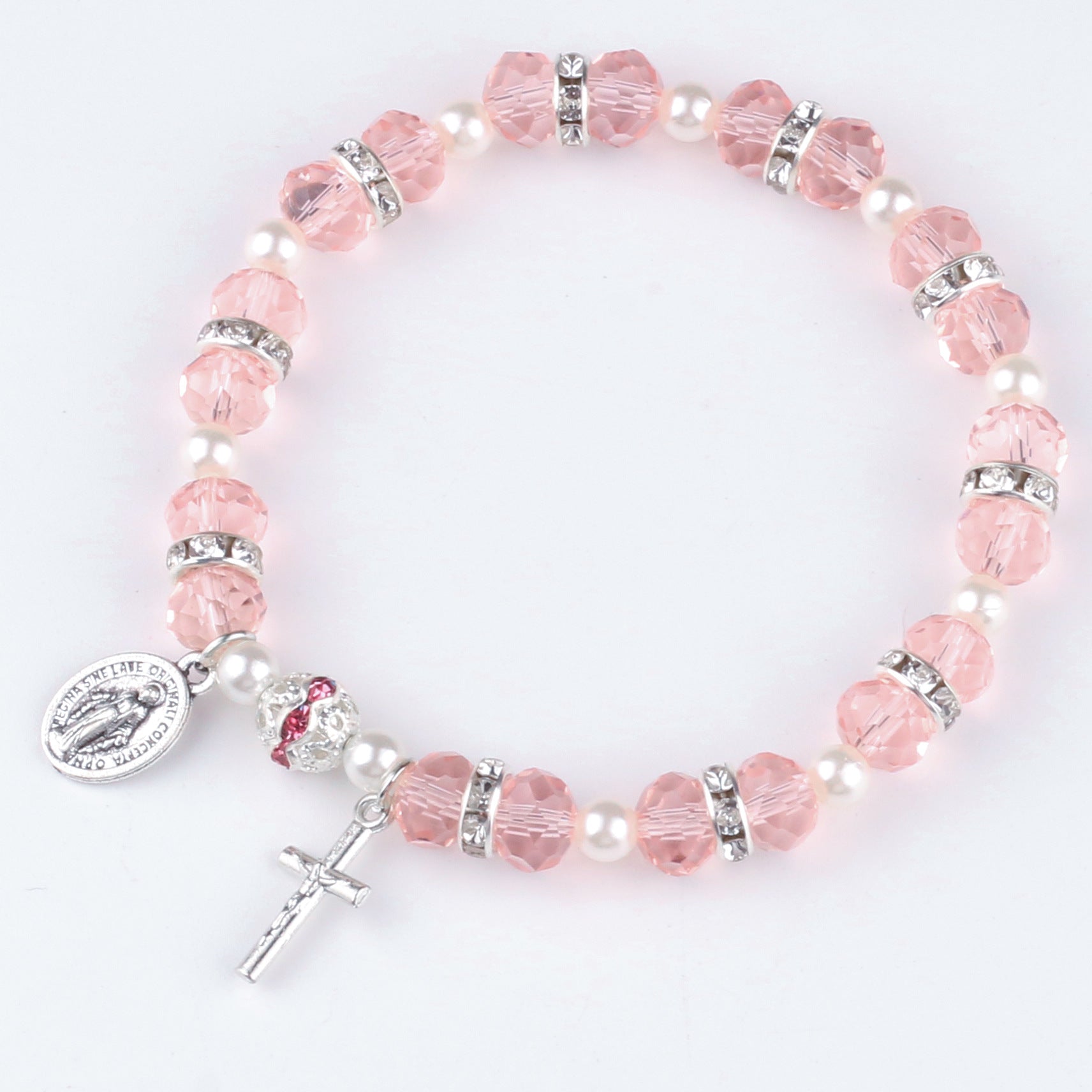 Pink Crystal Crucifix Bracelet – Elastic Beaded Rosary with Miraculous Medal Charm