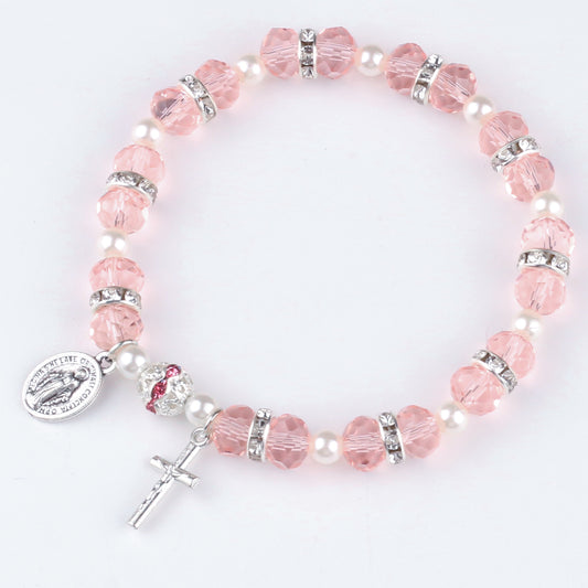 Pink Crystal Crucifix Bracelet – Elastic Beaded Rosary with Miraculous Medal Charm