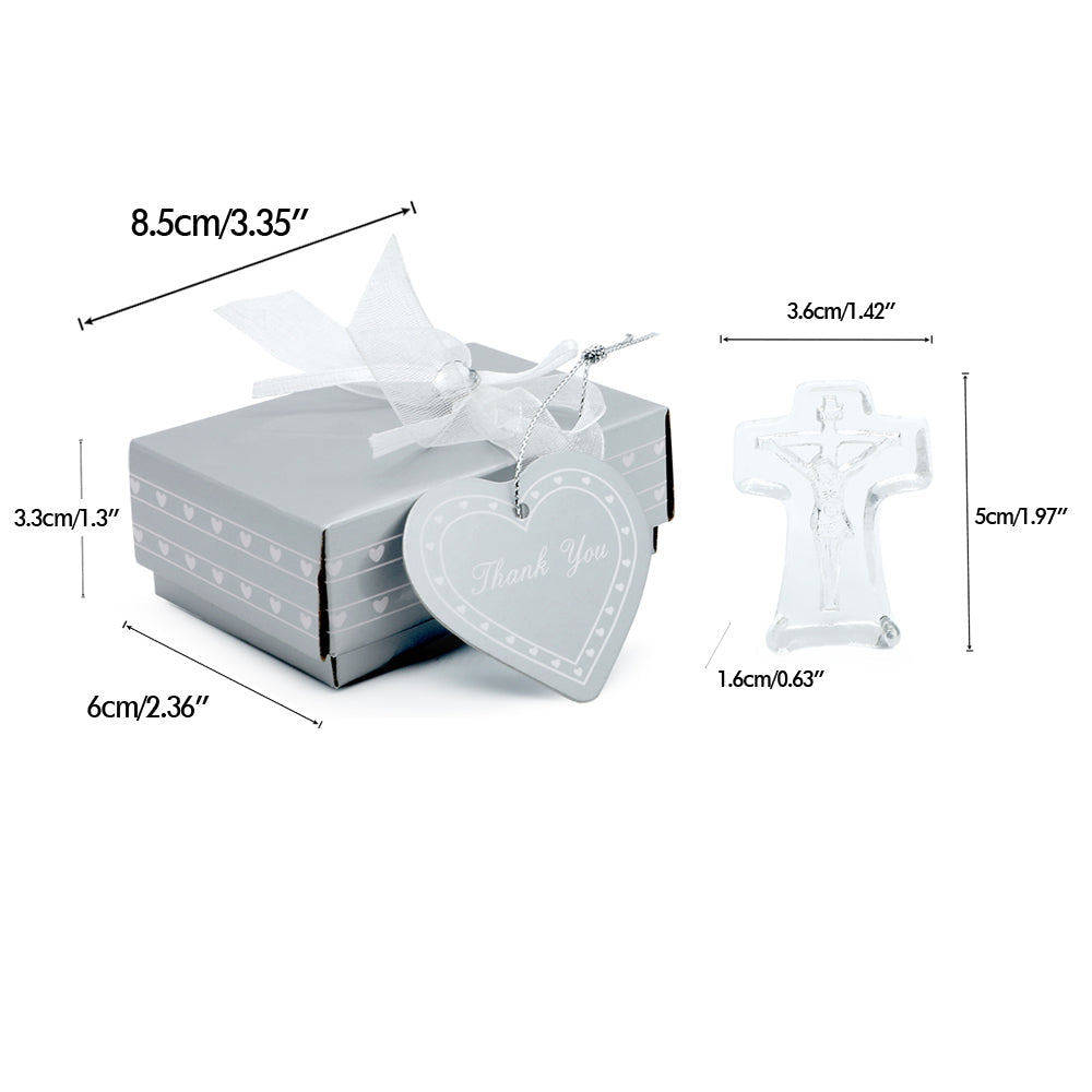 White gift box with 'Thank You' heart tag and crucifix figurine, showing dimensions and weight.