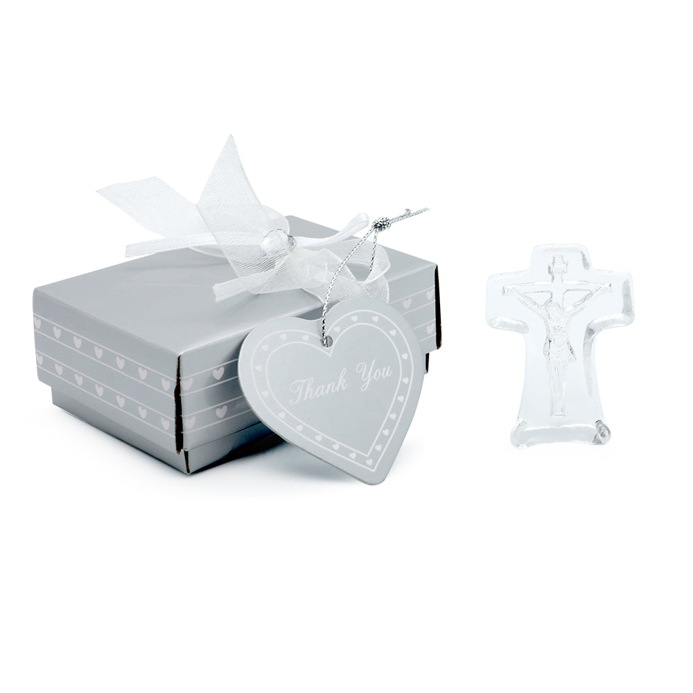 Clear crystal crucifix and heart-shaped 'Thank You' tag with a white box on a white background
