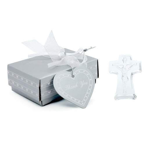 Clear crystal crucifix and heart-shaped 'Thank You' tag with a white box on a white background