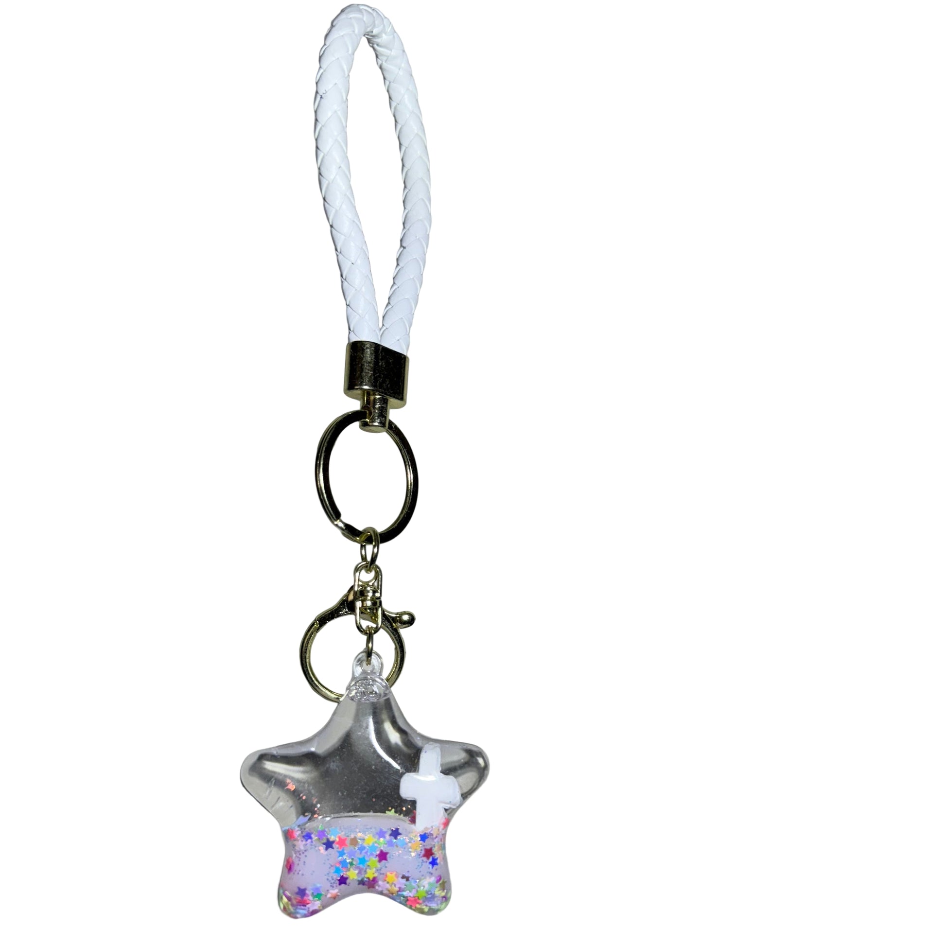Star-shaped keychain with a white cross