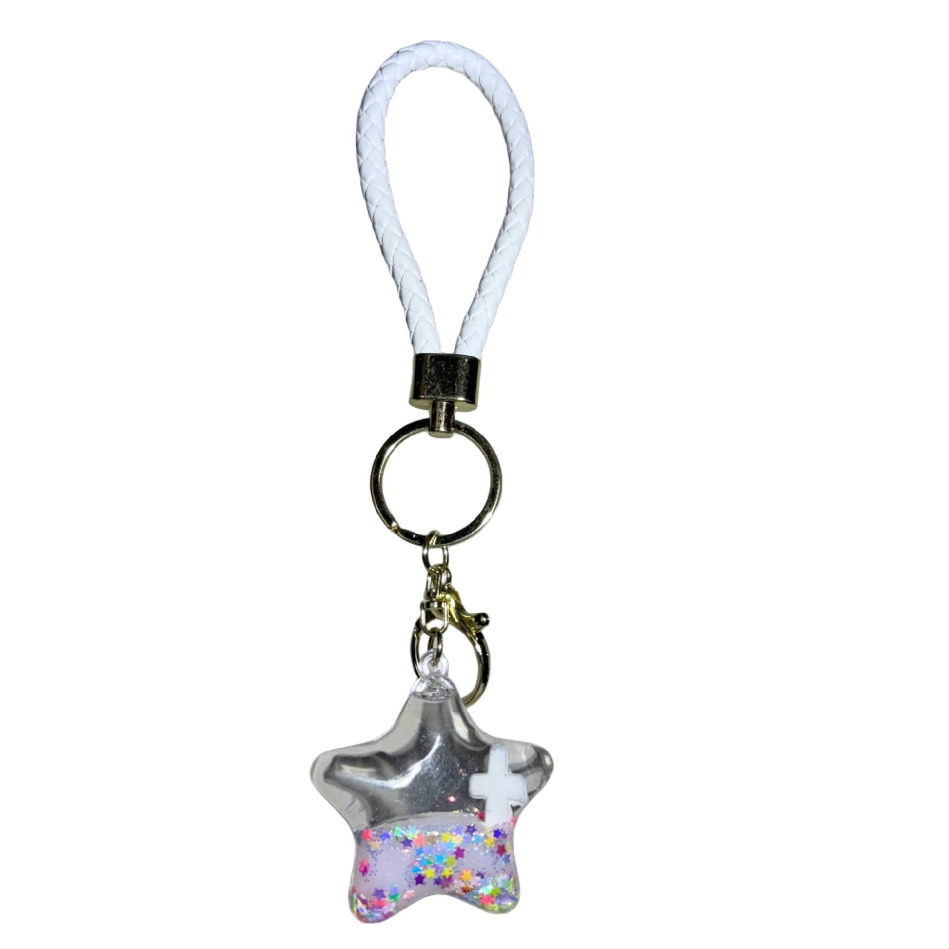 Star-shaped keychain with a white cross