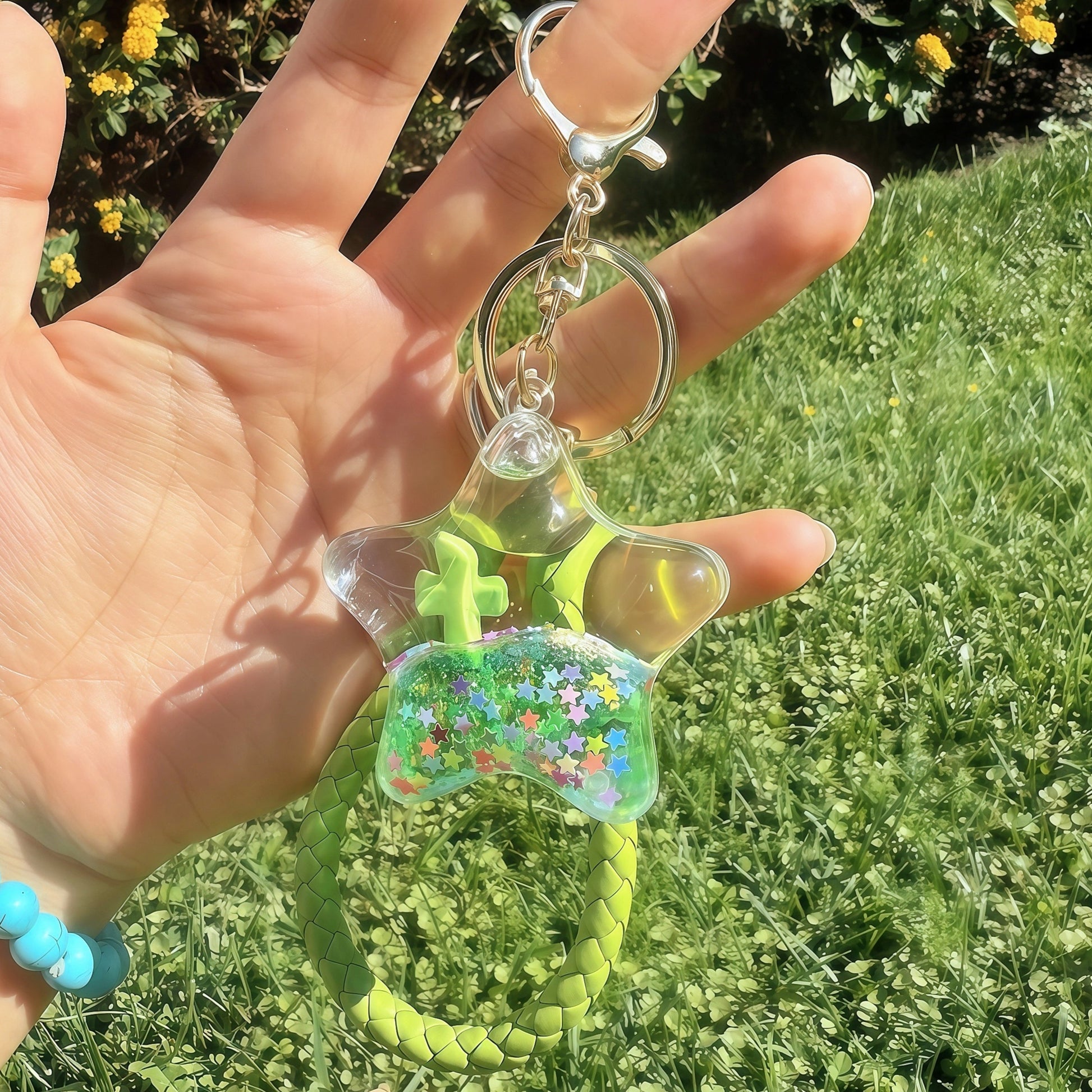 Hand holding a keychain with a clear bag and green cross charm against a grassy background