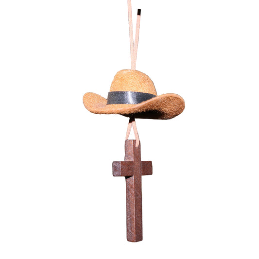 Cowboy Hat & Cross Car Charm – Western Style Hanging Ornament (Brown)