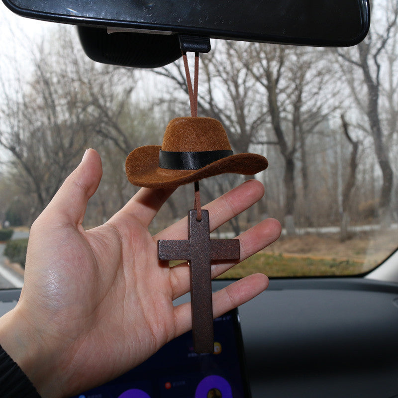 Cowboy Hat & Cross Car Charm – Western Style Hanging Ornament (Brown)