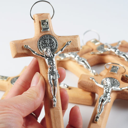 Handheld Wooden Crucifix with Metal Inlay – Pine Wood Natural Wood
