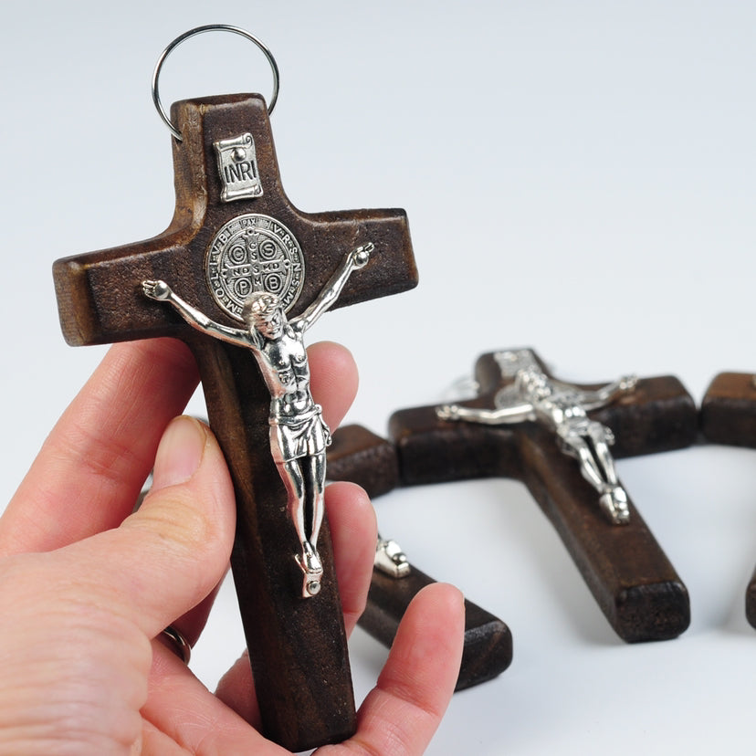 Handheld Wooden Crucifix with Metal Inlay – Pine Wood Natural Wood