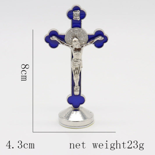 Decorative crucifix with blue accents and a measurement label on a white background