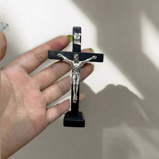 Minimalist Wooden Cross with Jesus – Small Tabletop & Wall Decor