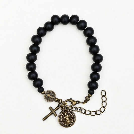 Black Wooden Bead Crucifix Bracelet – 10mm Beads, Vintage Unisex Design