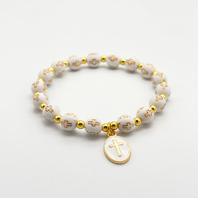 White Oval Cross Beaded Bracelet – Gold-Foiled Acrylic, Angel Charm, Baptism & Party Favor Set