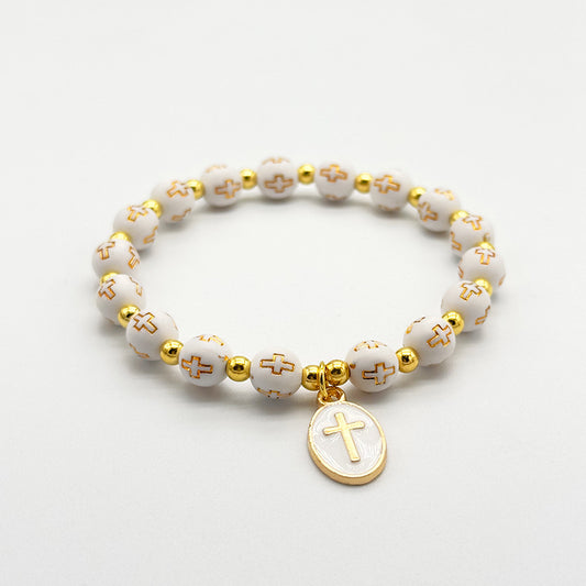 White Oval Cross Beaded Bracelet – Gold-Foiled Acrylic, Angel Charm, Baptism & Party Favor Set