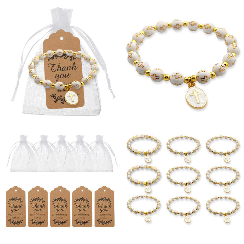 White Oval Cross Beaded Bracelet – Gold-Foiled Acrylic, Angel Charm, Baptism & Party Favor Set