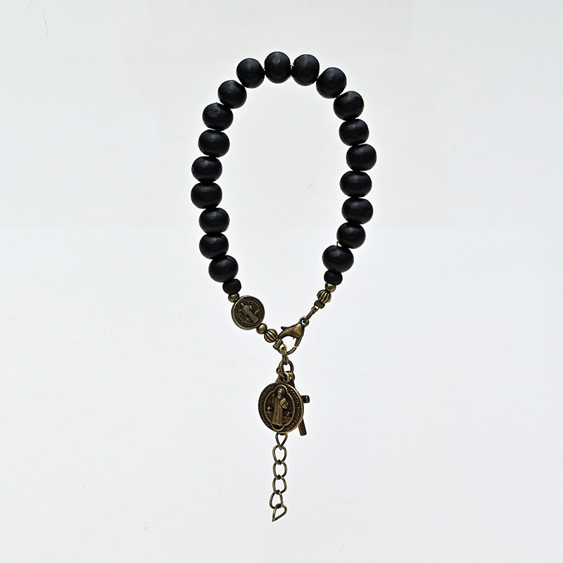 Black Wooden Bead Crucifix Bracelet – 10mm Beads, Vintage Unisex Design