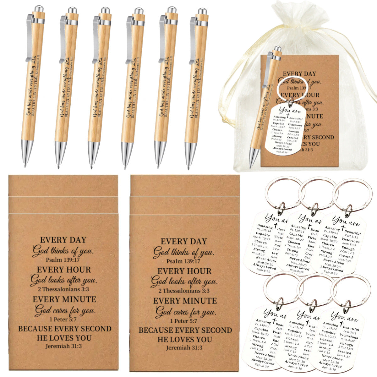 10 Bags Christian Gift Set – Bamboo Pen, Bible Notebook, Keychain & Mesh Bag (4-Piece Set)