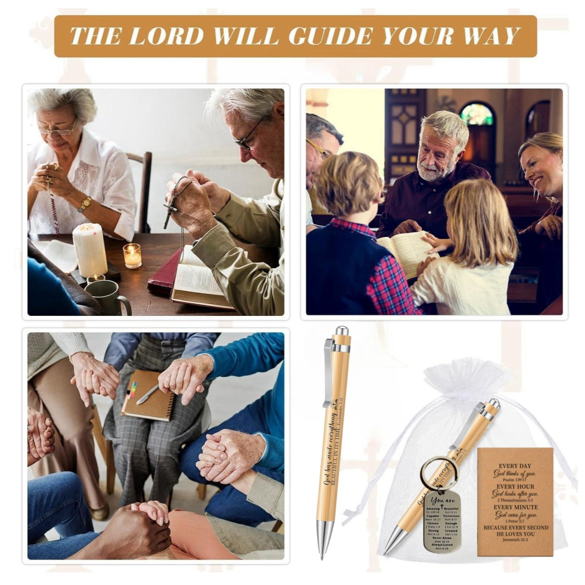 10 Bags Christian Gift Set – Bamboo Pen, Bible Notebook, Keychain & Mesh Bag (4-Piece Set)
