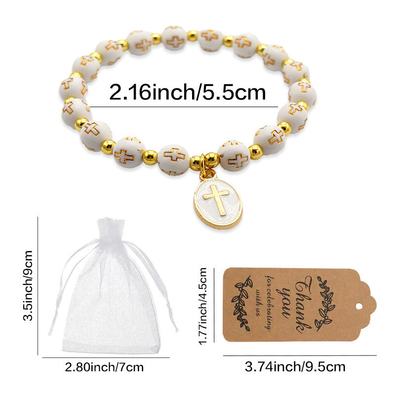White Oval Cross Beaded Bracelet – Gold-Foiled Acrylic, Angel Charm, Baptism & Party Favor Set