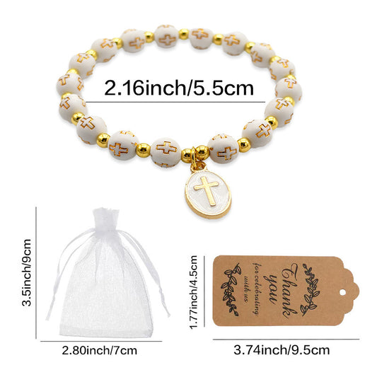 White Oval Cross Beaded Bracelet – Gold-Foiled Acrylic, Angel Charm, Baptism & Party Favor Set