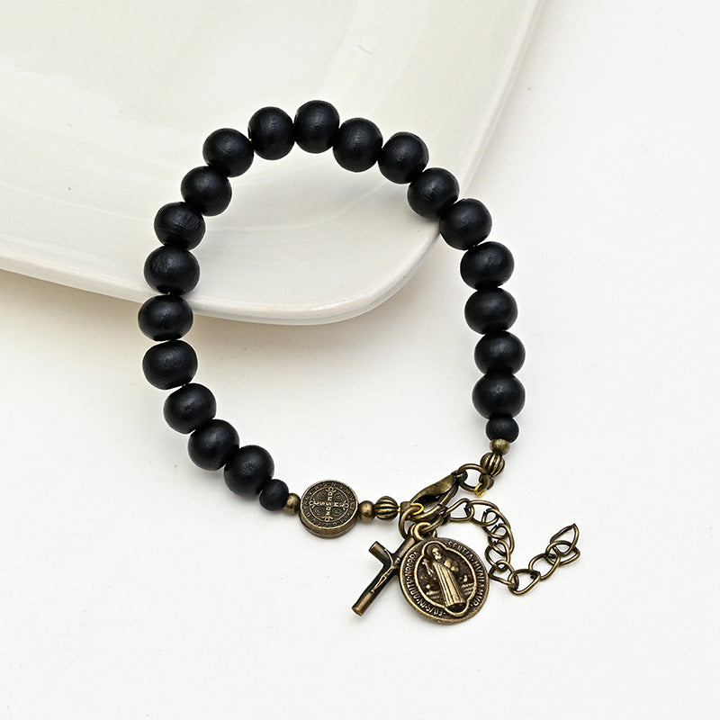 Black Wooden Bead Crucifix Bracelet – 10mm Beads, Vintage Unisex Design