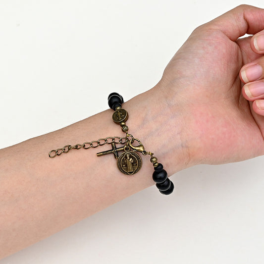Black Wooden Bead Crucifix Bracelet – 10mm Beads, Vintage Unisex Design