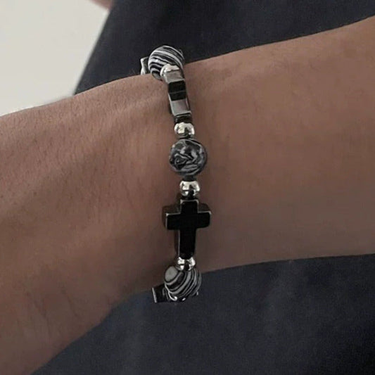 Dark Cross Bead Bracelet – Black Onyx, Unisex Spiritual Jewelry
