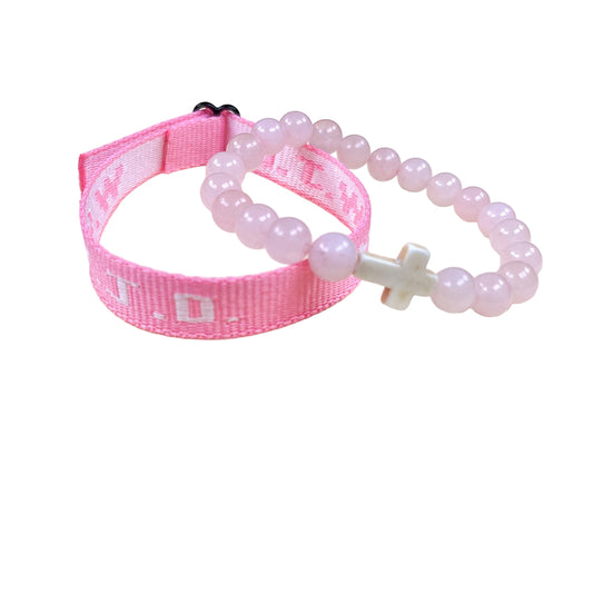 Pink WWJD Natural Stone &amp; Woven Cross Bracelet Duo – Unisex