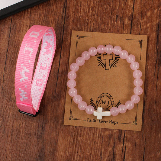 Pink WWJD Natural Stone &amp; Woven Cross Bracelet Duo – Unisex