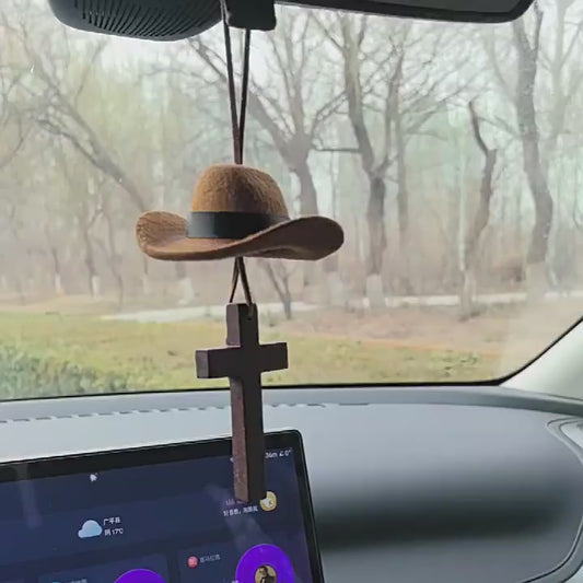 Cowboy Hat & Cross Car Charm – Western Style Hanging Ornament (Brown)